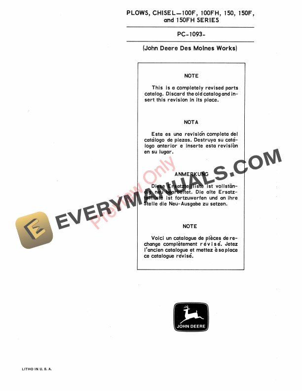 John Deere 100F 100FH 150 150F 150FH Series Chisel Plows Parts List PC1093 01AUG69 1
