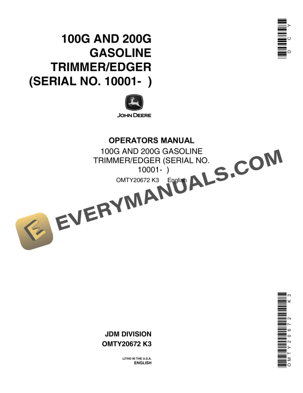 John Deere 100G AND 200G GASOLINE TRIMMER EDGER Operator Manual OMTY20672 1