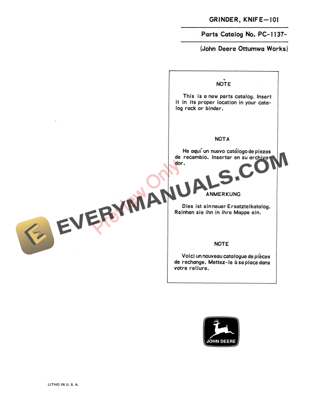John Deere 101 Knife Grinder Parts Catalog PC1137 01SEP68