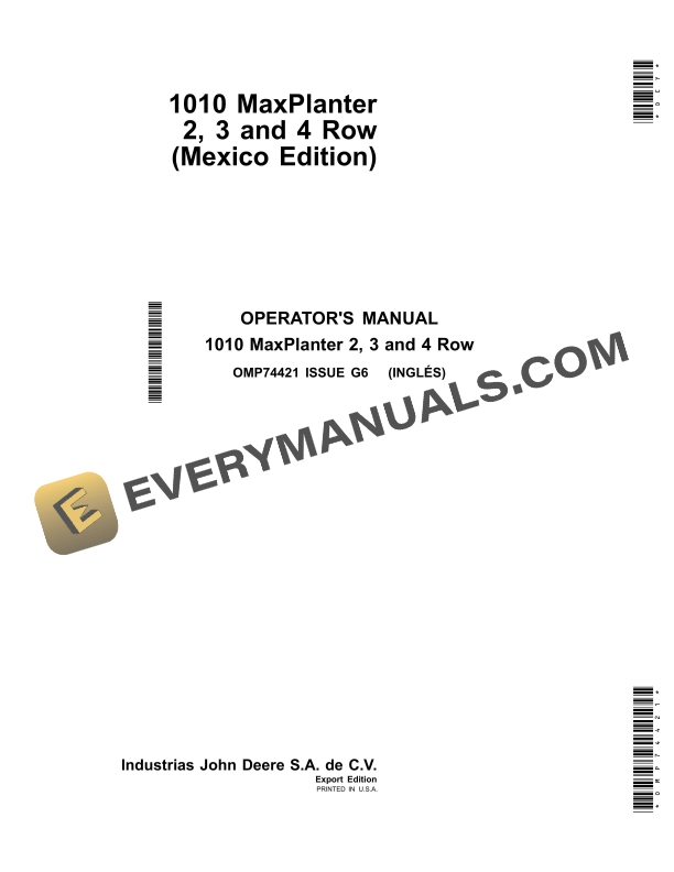 John Deere 1010 MaxPlanter 2, 3, 4 Row Operator Manual OMP74421 2 John Deere 1010 MaxPlanter 2 3 and 4 Row Operator Manual OMP74421 1