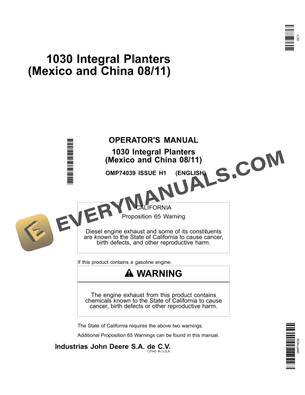 John Deere 1030 Integral Planter Operator Manual OMP74039 1