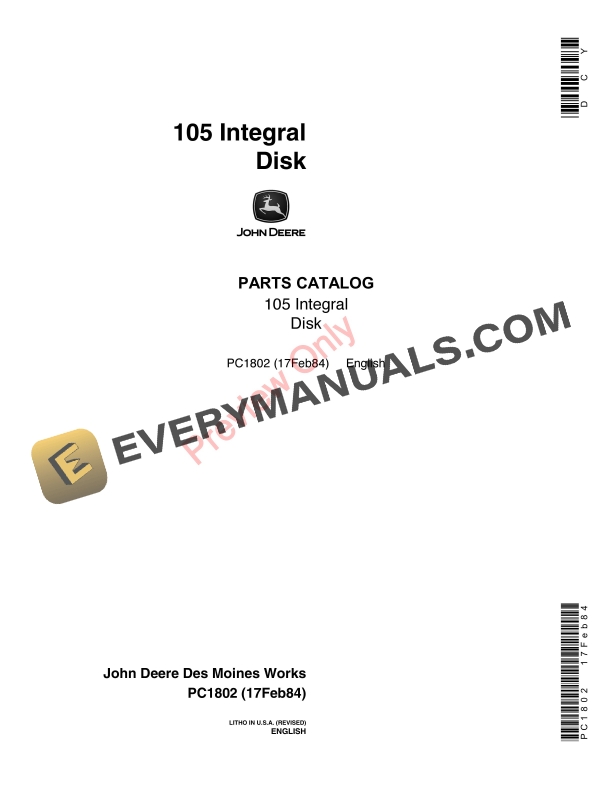 John Deere 105 Integral Disk Parts Catalog PC1802 17FEB84