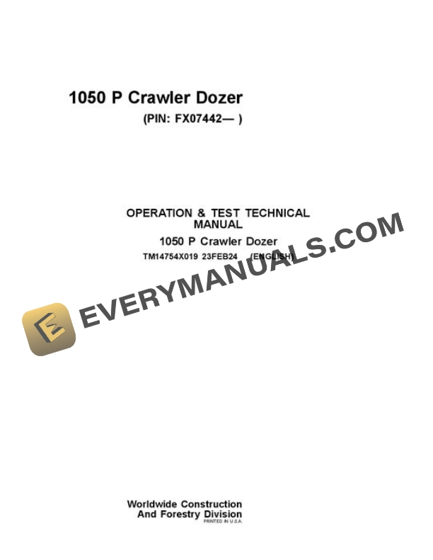 John Deere 1050 P Crawler Dozer Test Manual TM14754X019