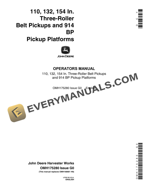 John Deere 110, 132, 154 In. Three-Roller Belt Pickup and 914 BP Pickup Platform Operator Manual OMH175280