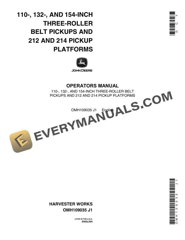 John Deere 110, 132, 154 In. Three-Roller Belt Pickup and 212, 214 Pickup Platform Operator Manual OMH109035