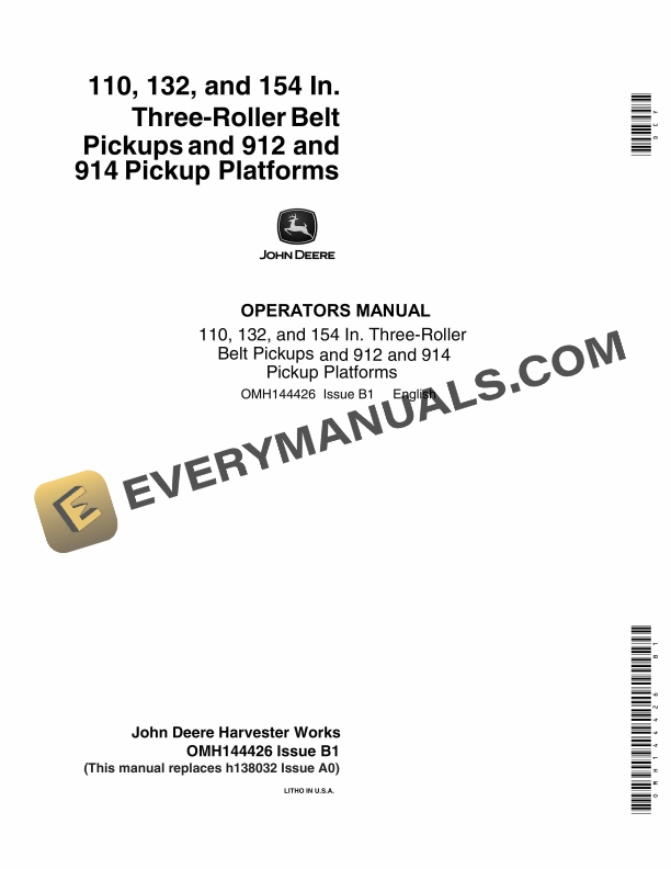 John Deere 110, 132, 154 In. Three-Roller Belt Pickup and 912, 914 Pickup Platform Operator Manual OMH144426