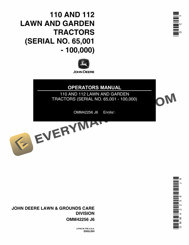 John Deere 110 AND 112 LAWN AND GARDEN TRACTORS Operator Manual OMM42256 1