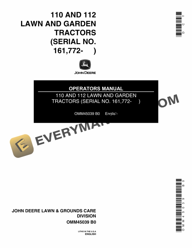 John Deere 110, 112 Lawn and Garden Tractor Operator Manual OMM45039