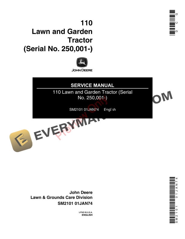 John Deere 110 and 110H Lawn and Garden Tractor Service Manual SM2101 01JAN74