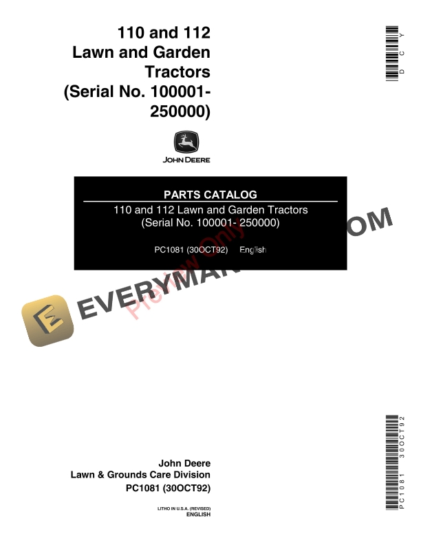 John Deere 110 and 112 Lawn and Garden Tractors Parts Catalog PC1081 12MAY11