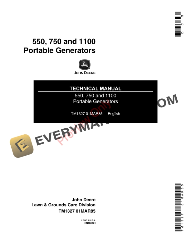 John Deere 1100 550 750 Portable Generator Technical Manual TM1327 01MAR85 1