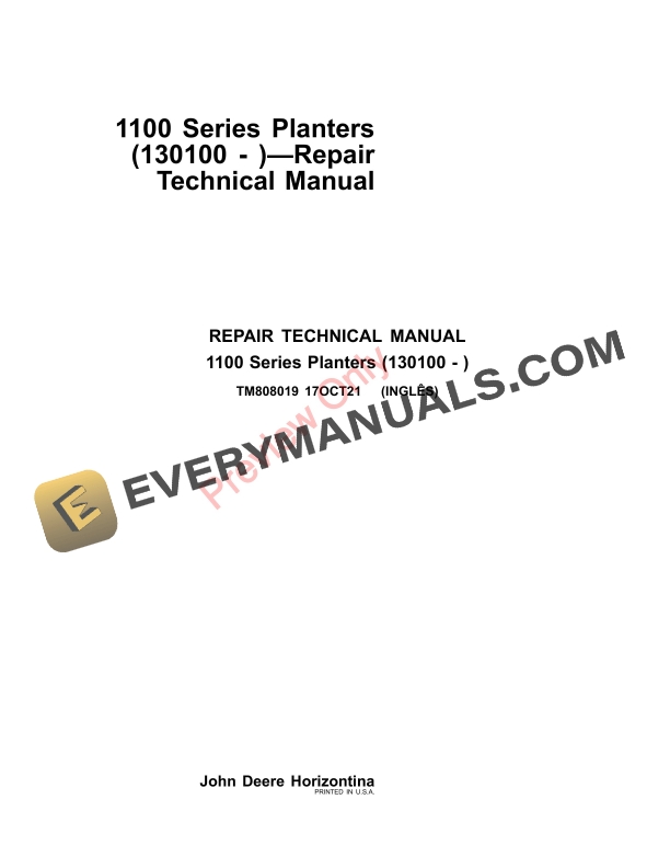 John Deere 1100 Series Planters 130100 Repair Technical Manual TM808019 17OCT21 1