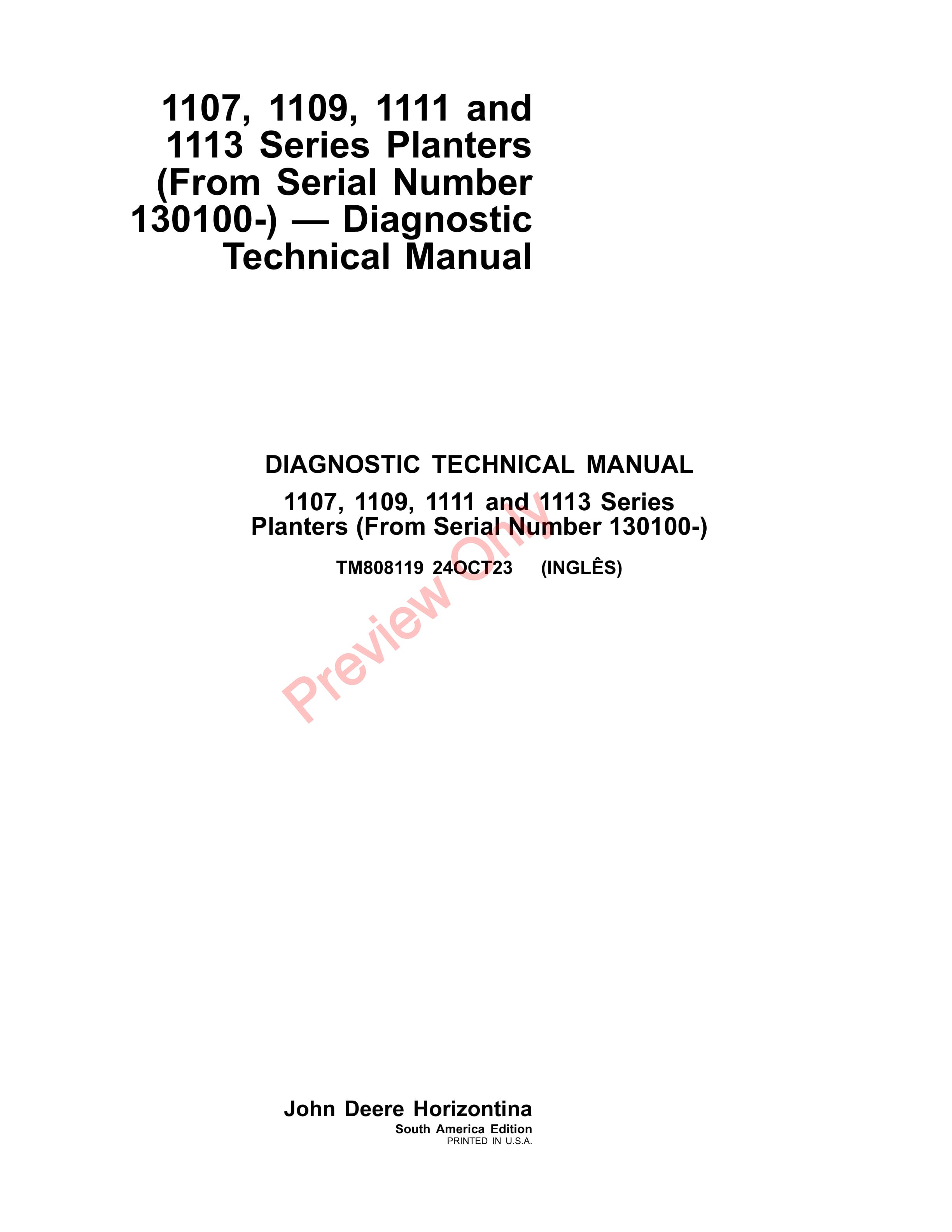 John Deere 1107 1109 1111 and 1113 Series Planters From Serial Number 130100 Diagnostic Technical Manual TM808119 24OCT23 1