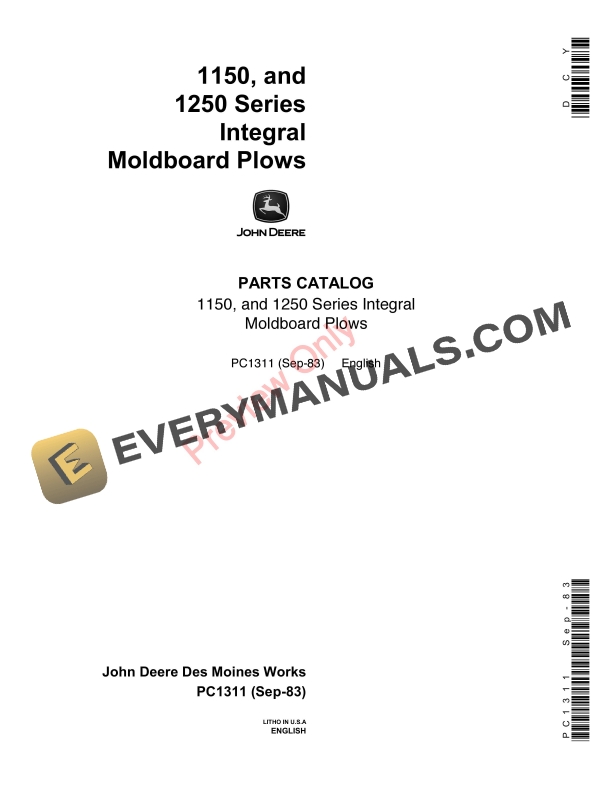 John Deere 1150 1250 Series Integral Moldboard Plows Parts Catalog PC1311 13SEP83 1