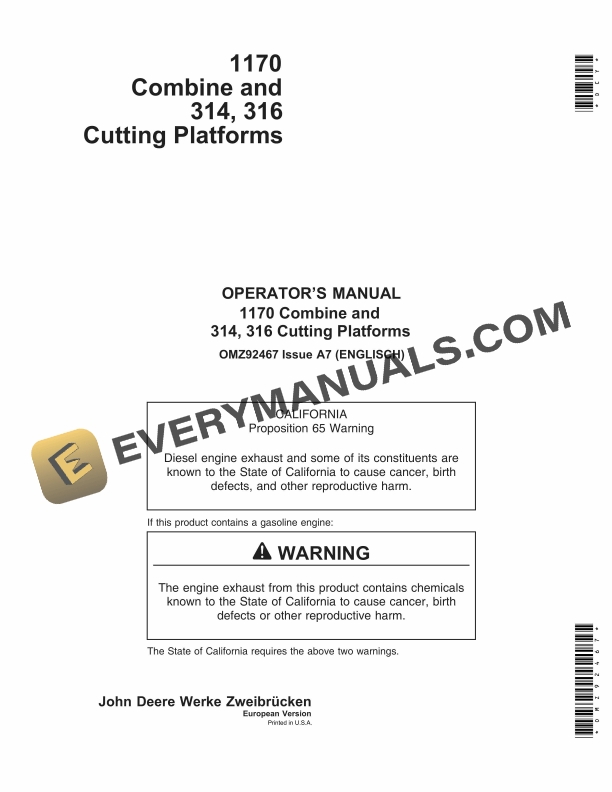 John Deere 1170 Combine and 314 316 Cutting Platform Operator Manual OMZ92467 1