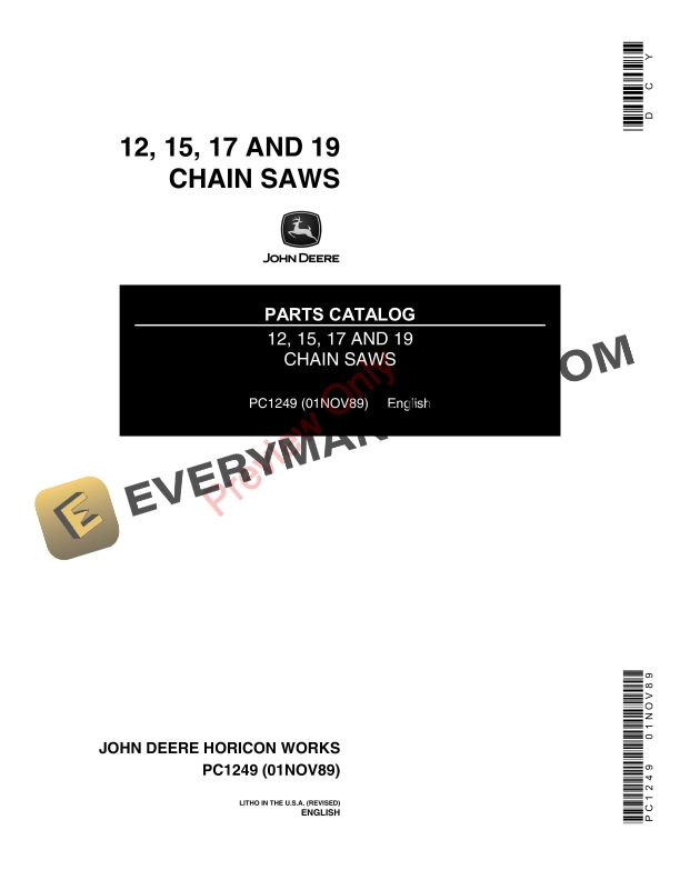 John Deere 12, 15, 17, 19 Chain Saws Parts Catalog PC1249 01NOV89