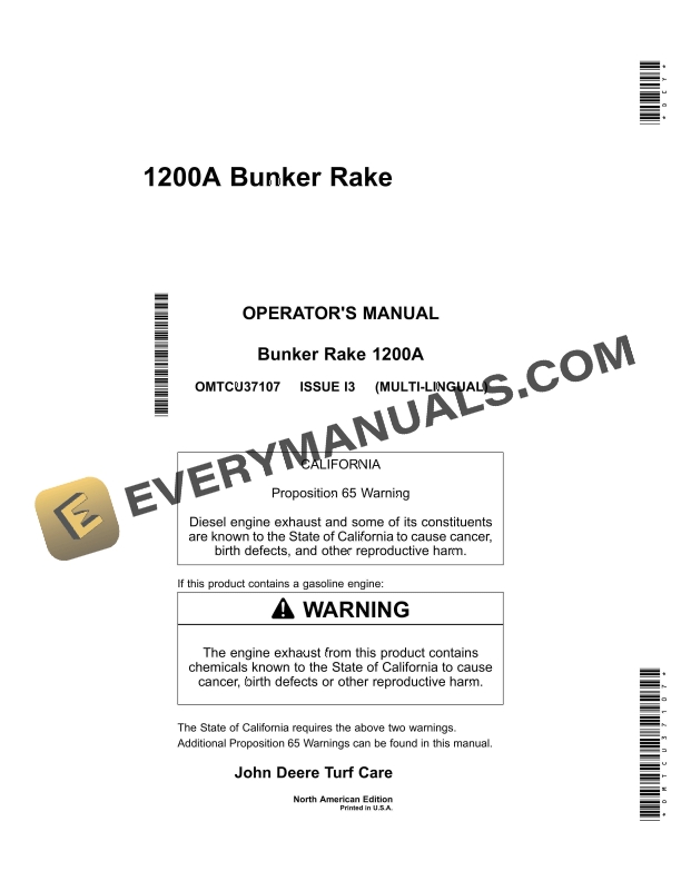John Deere 1200A Bunker Rake Operator Manual OMTCU37107 2 John Deere 1200A Bunker Rakes Operator Manual OMTCU37107 1
