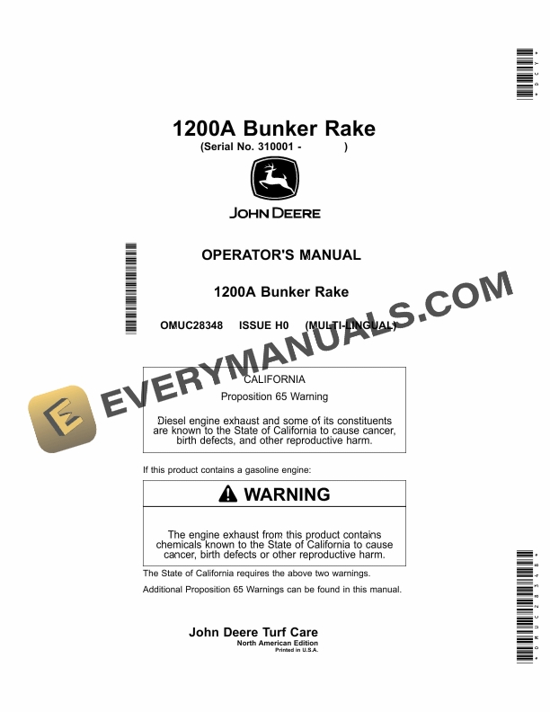 John Deere 1200A Bunker Rake Operator Manual OMUC28348