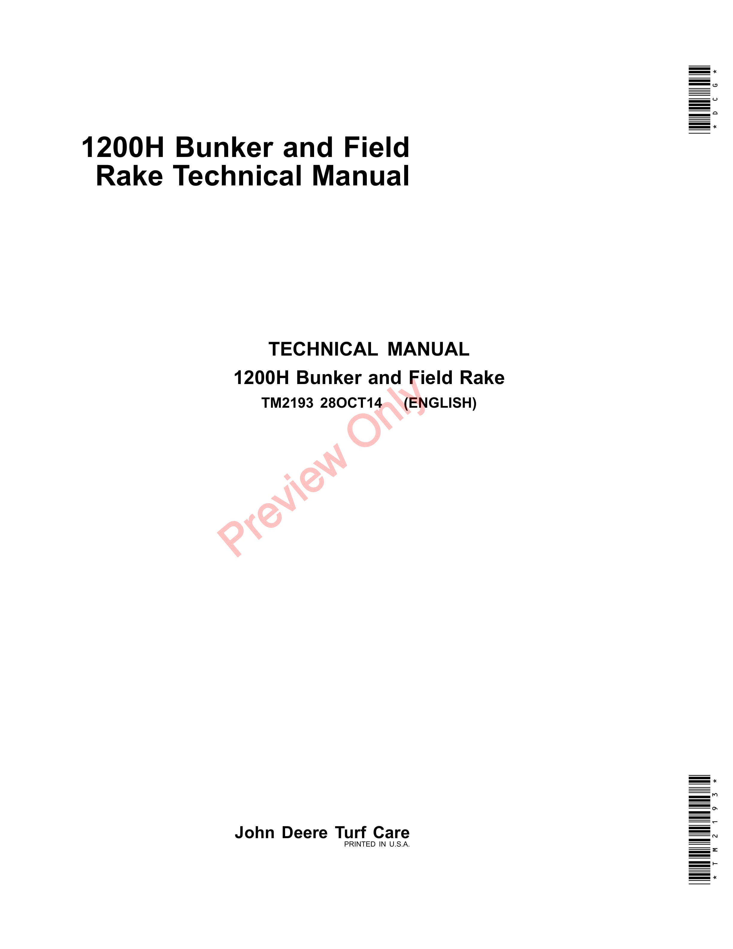 John Deere 1200H Bunker and Field Rake Technical Manual TM2193 28OCT14 1