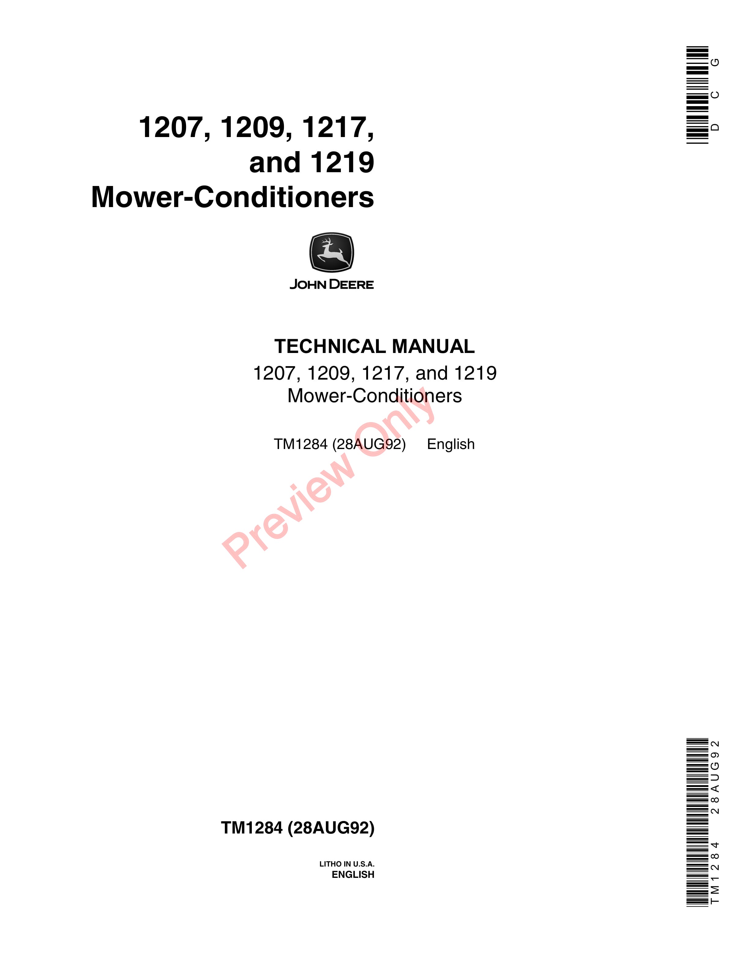 John Deere 1207 1209 1217 1219 Mower Conditioners Technical Manual TM1284 28AUG92 1