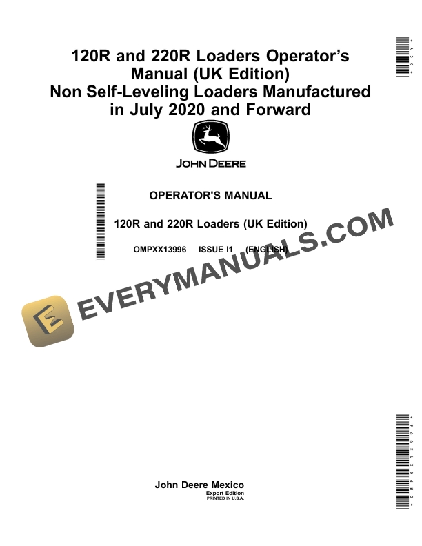 John Deere 120R and 220R Loaders Operator Manual OMPXX13996