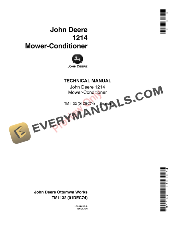 John Deere 1214 Conditioner Mower Technical Manual TM1132 01DEC74