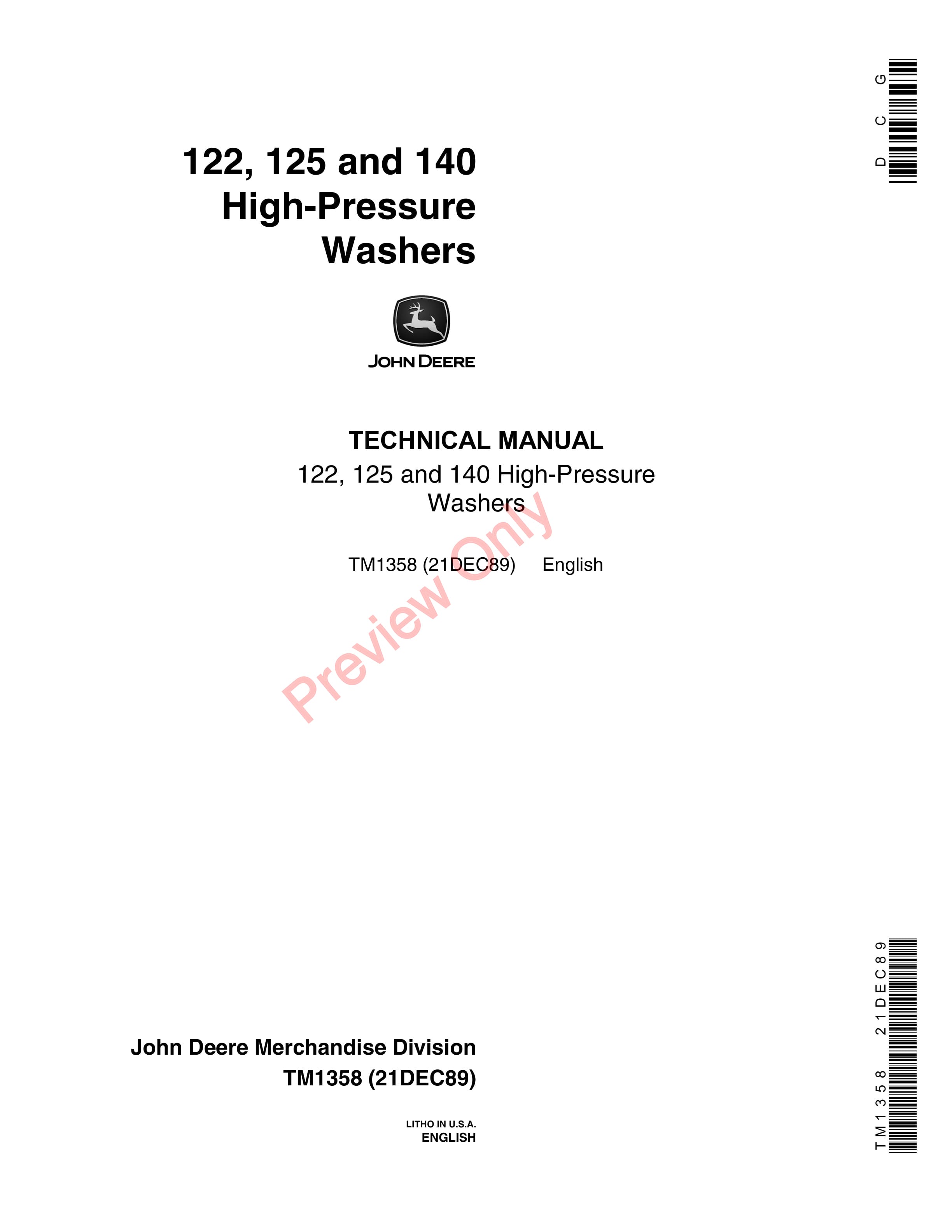 John Deere 122 125 140 High Pressure Washer Technical Manual TM1358 21DEC89 1