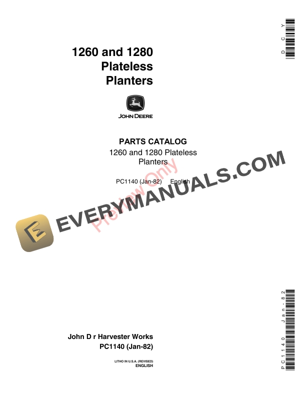 John Deere 1260, 1280 Plateless Planters Parts Catalog PC1140 29JAN82