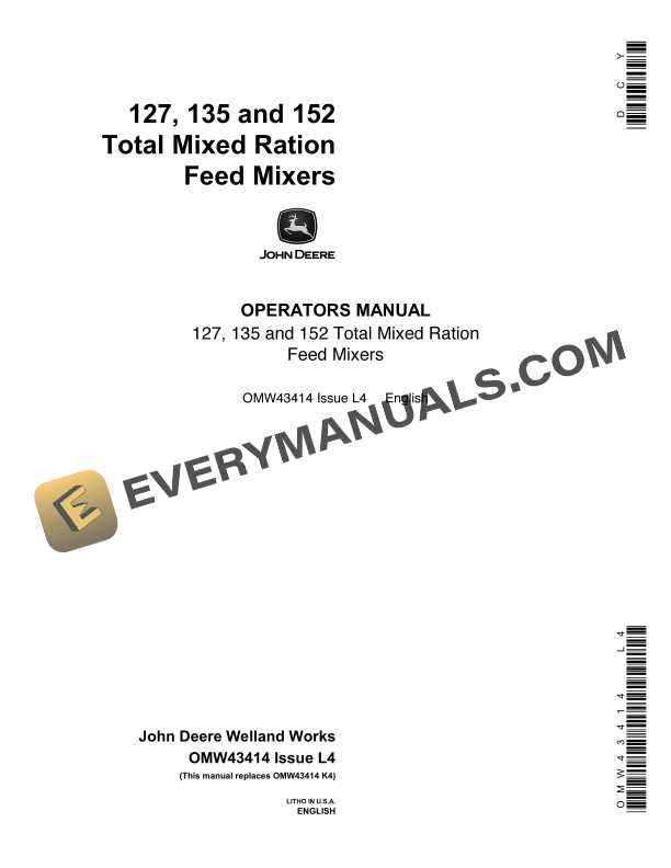 John Deere 127, 135, 152 Total Mixed Ration Feed Mixers Operator Manual OMW43414
