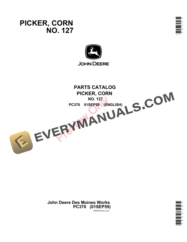 John Deere 127 Corn Picker Parts Catalog PC370 01SEP59