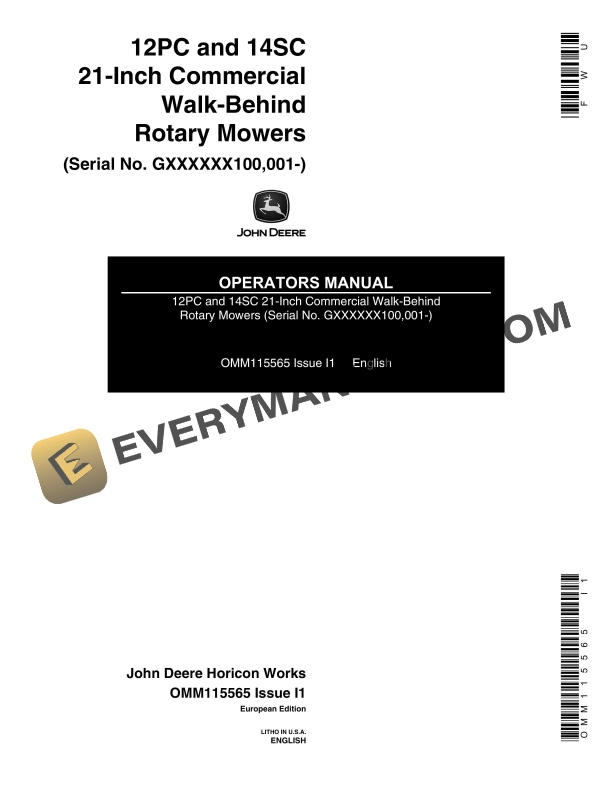 John Deere 12PC, 14SC 21-Inch Commercial Walk-Behind Rotary Mowers Operator Manual OMM115565