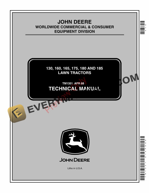 John Deere 130, 160, 165, 170, 175, 180, 185 Lawn Tractors (Typo on pg. 240 Technical Manual TM1351 01APR88