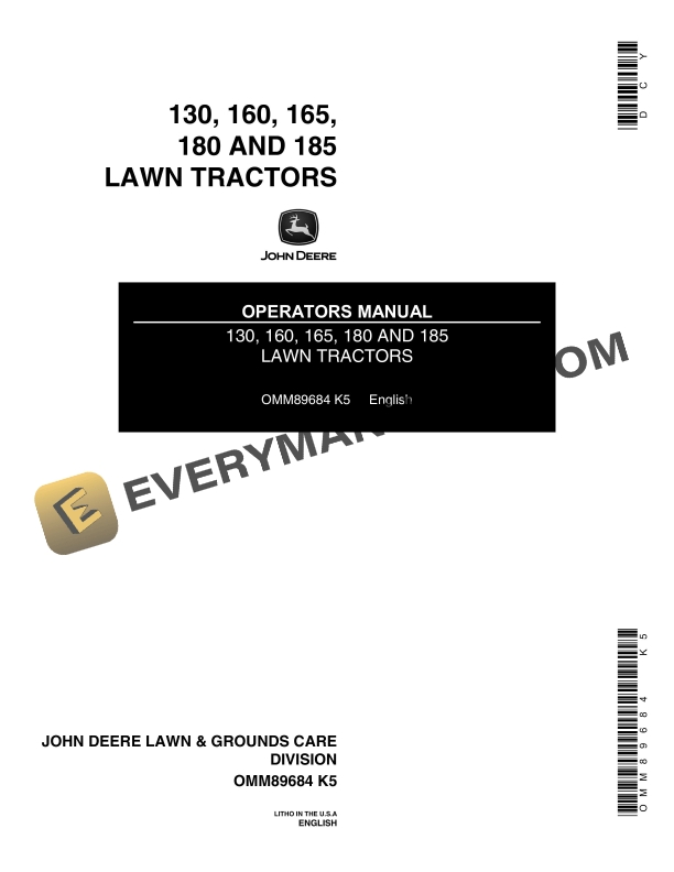 John Deere 130, 160, 165, 180, 185 Lawn Tractor Operator Manual OMM89684