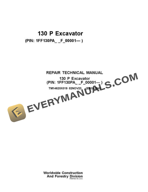 John Deere 130 P Excavator Repair Manual TM14620X019