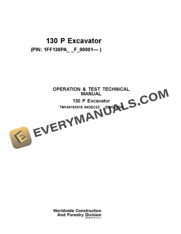 John Deere 130 P Excavator Test Manual TM14619X019