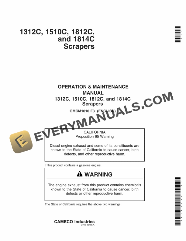 John Deere 1312C, 1510C, 1812C, 1814C Scraper Operator and Maintenance Manual OMCM1010