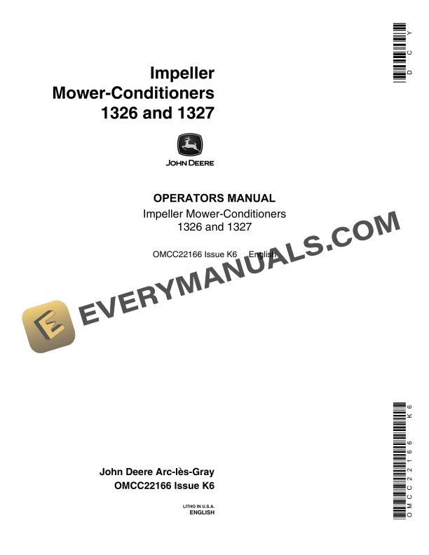 John Deere 1326, 1327 Impeller Mower-Conditiones Operator Manual OMCC22166