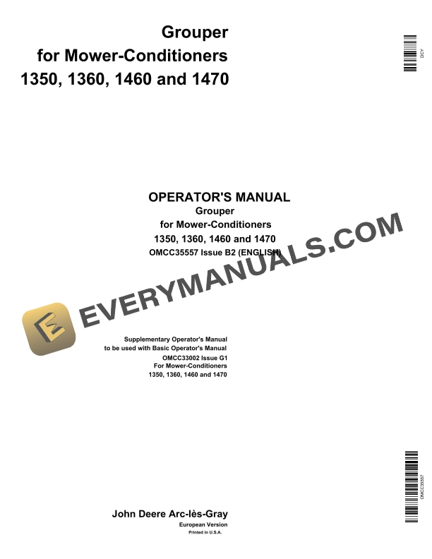 John Deere 1350, 1360, 1460, 1470 Grouper For Mower-Conditioner Operator Manual OMCC35557