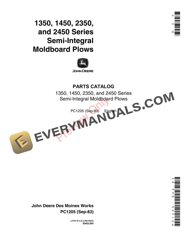 John Deere 1350 1450 2350 2450 Series Semi Integral Moldboard Plows Parts Catalog PC1205 13SEP83 1