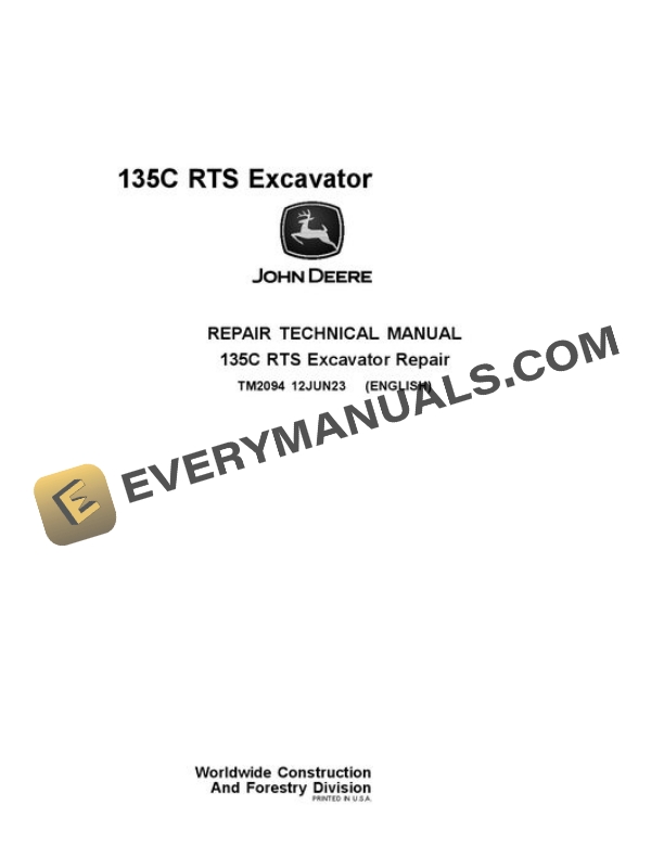 John Deere 135C RTS Excavator Repair Manual TM2094