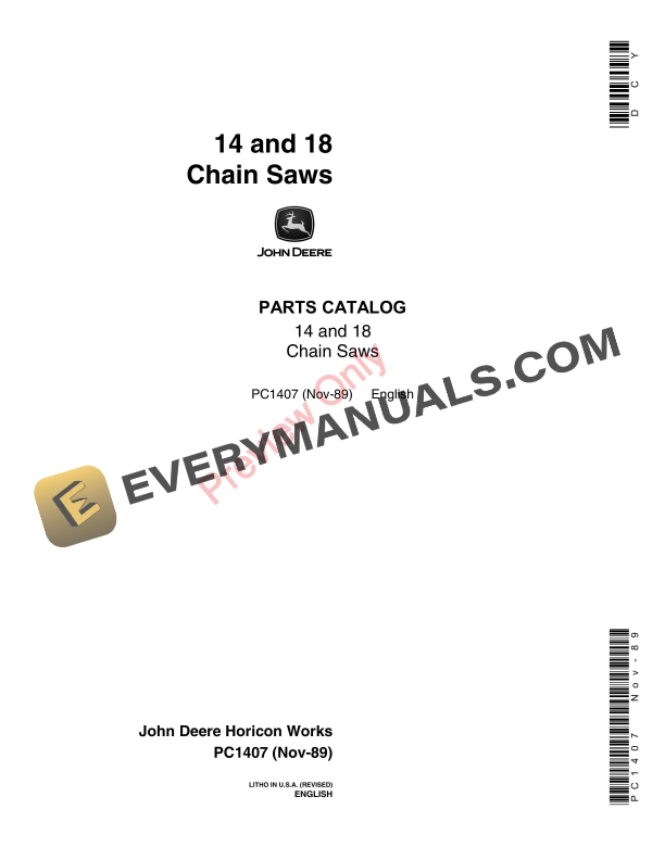 John Deere 14 and 18 Chain Saws Parts Catalog PC1407 20NOV89