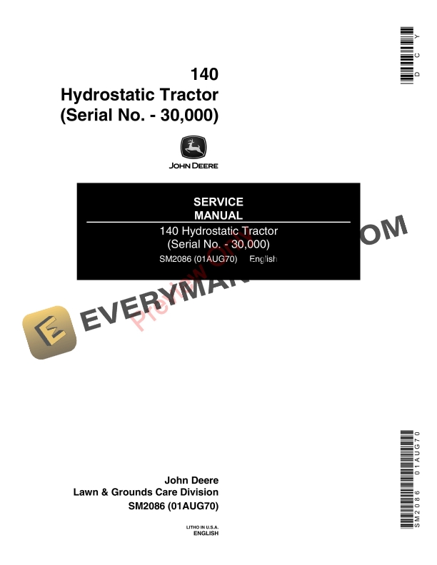 John Deere 140 Hydrostatic Tractor Service Manual SM2086 01AUG70