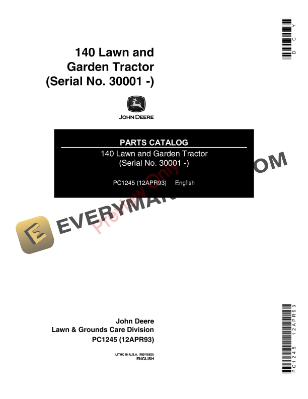 John Deere 140 Lawn and Garden Tractor Parts Catalog PC1245 12APR93