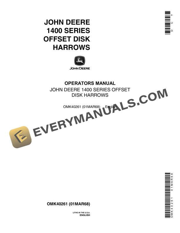 John Deere 1400 Series Offset Disk Harrows Operator Manual OMK40261