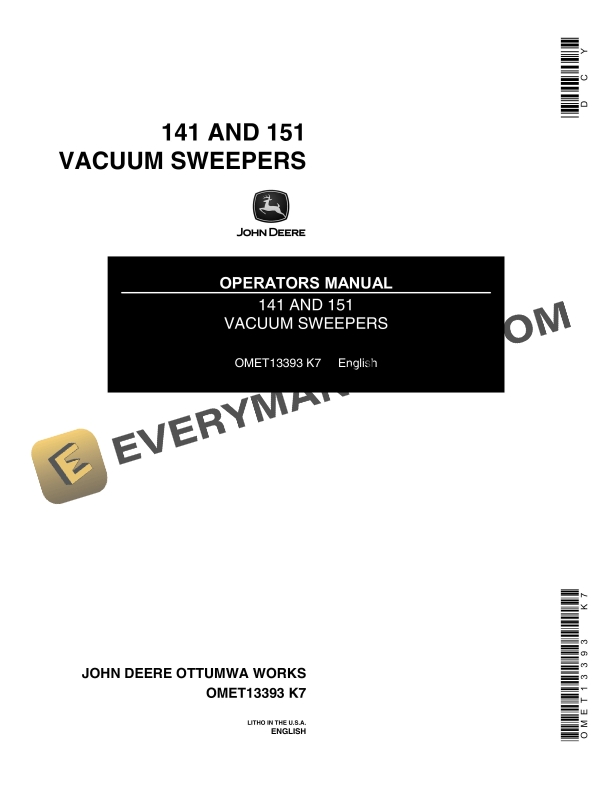 John Deere 141, 151 Vacuum Sweepers Operator Manual OMET13393