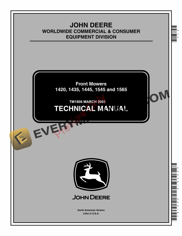 John Deere 1420, 1435, 1445, 1545, 1565 Front Mowers Technical Manual TM1806 01MAR03