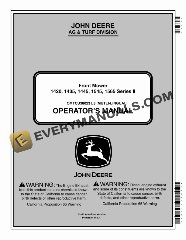 John Deere 1420, 1435, 1445, 1545, 1565 Series II Front Mower Operator Manual OMTCU38023