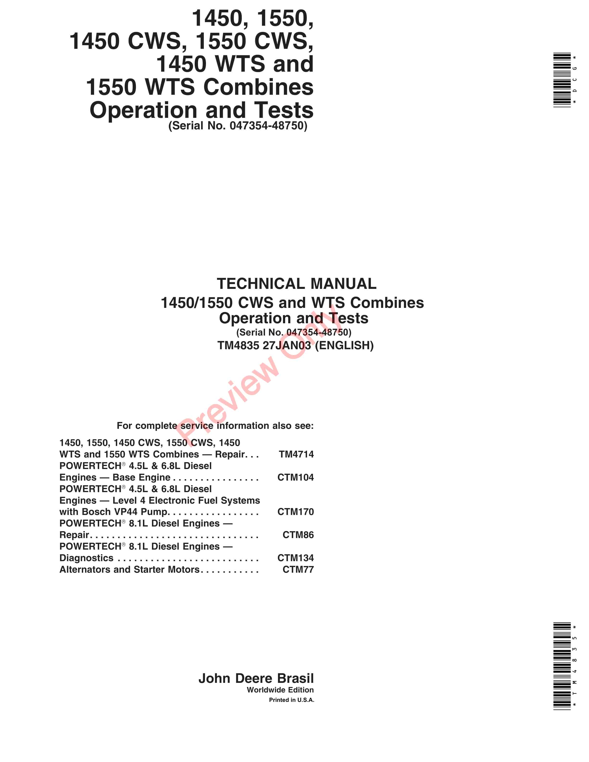 John Deere 1450 1550 1450CWS 1550 CWS Combines Technical Manual TM4835 2JAN03 1