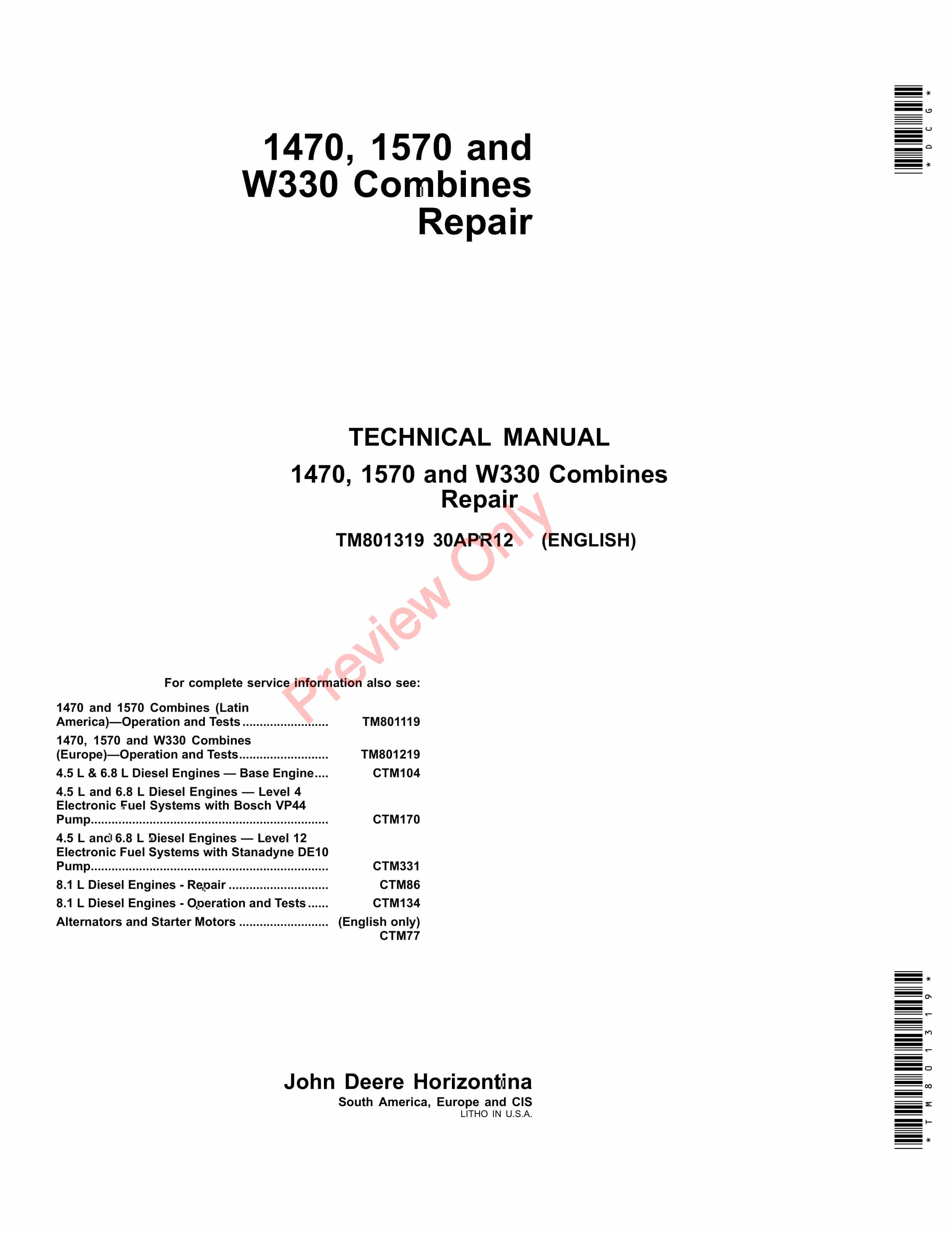 John Deere 1470 1570 and W330 Combine Technical Manual TM801319 19SEP12 1
