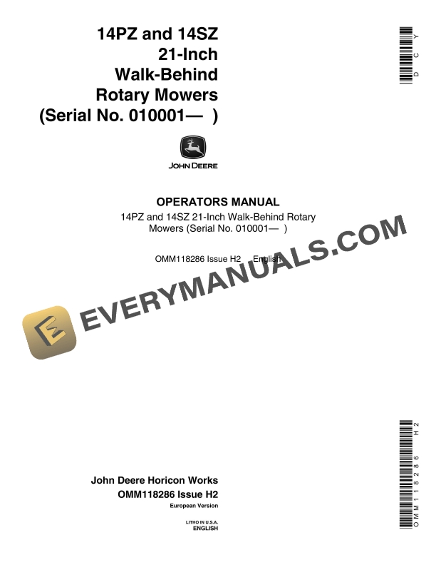 John Deere 14PZ and 14SZ 21 Inch Walk Behind Rotary Mowers Operator Manual OMM118286 1
